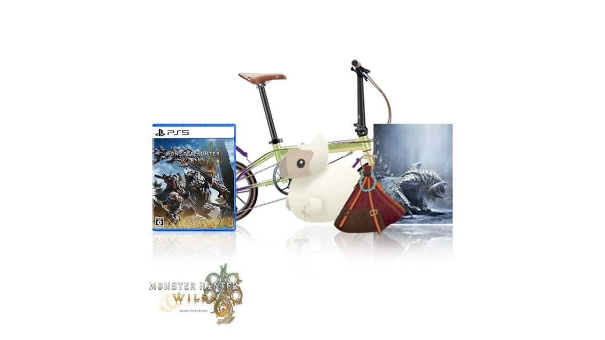 Die Monster Hunter Wilds Ultra Collector's Edition mit einem Bild des Spiels, einem flauschigen Spielzeug, einer Waffenbeutel und einem faltenden Fahrrad.