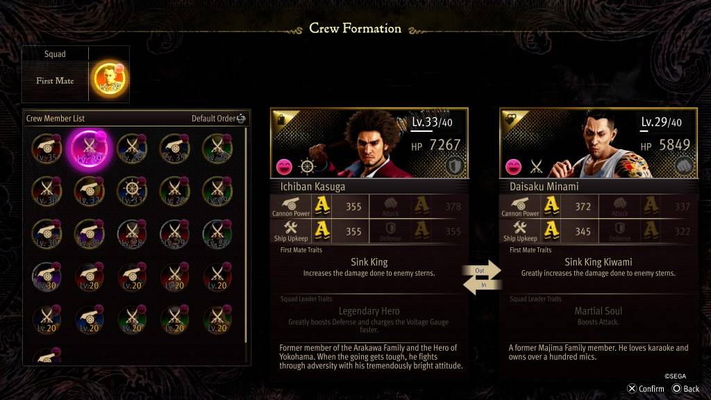 Ang stat screen ng Pormasyon ng Crew para kay Minami sa Like a Dragon: Pirate Yakuza in Hawaii