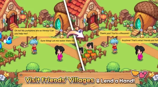 Twee pixelateerde personages die spreken op een weelderige bloemenachtergrond in Viladia: Pixie Paradise