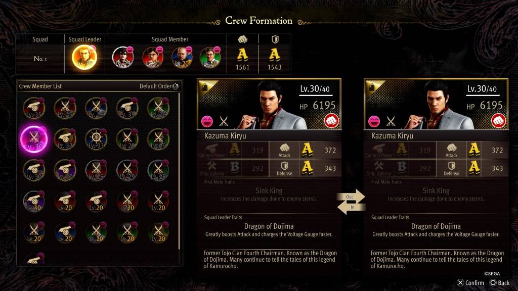 Ang stat screen ng Pormasyon ng Crew para kay Kazuma Kiryu sa Like a Dragon: Pirate Yakuza in Hawaii