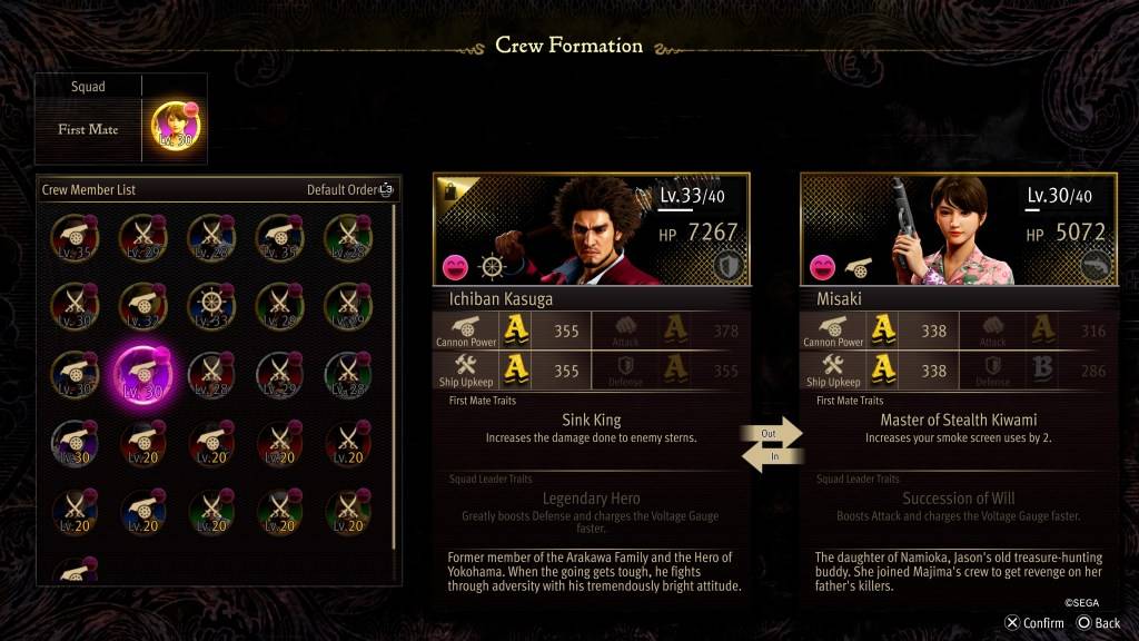 Ang stat screen ng Pormasyon ng Crew para kay Misaki sa Like a Dragon: Pirate Yakuza in Hawaii
