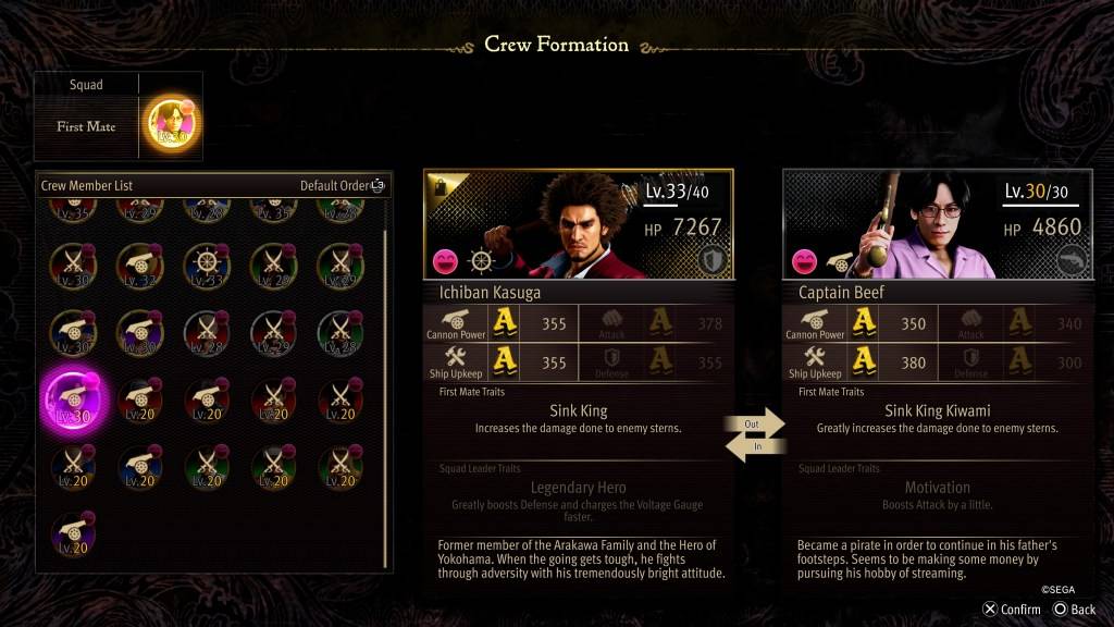 Ang stat screen ng Pormasyon ng Crew para kay Captain Beef sa Like a Dragon: Pirate Yakuza in Hawaii