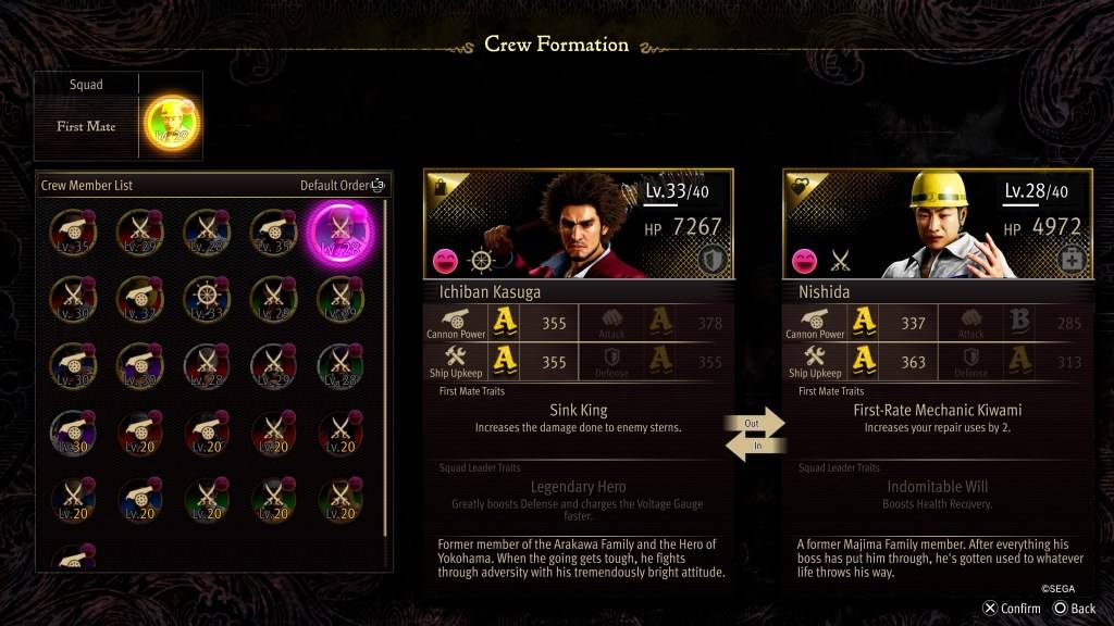 Ang stat screen ng Pormasyon ng Crew para kay Nishida sa Like a Dragon: Pirate Yakuza in Hawaii
