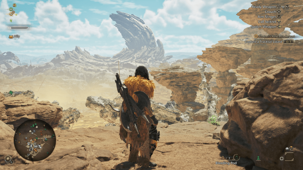A character in the desert in Monster Hunter Wilds as part of an article about seasons.