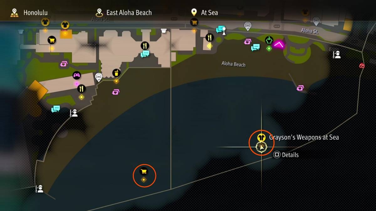 Carte indiquant les emplacements des crevettes frites sauvages dans Like a Dragon: Pirate Yakuza in Hawaii