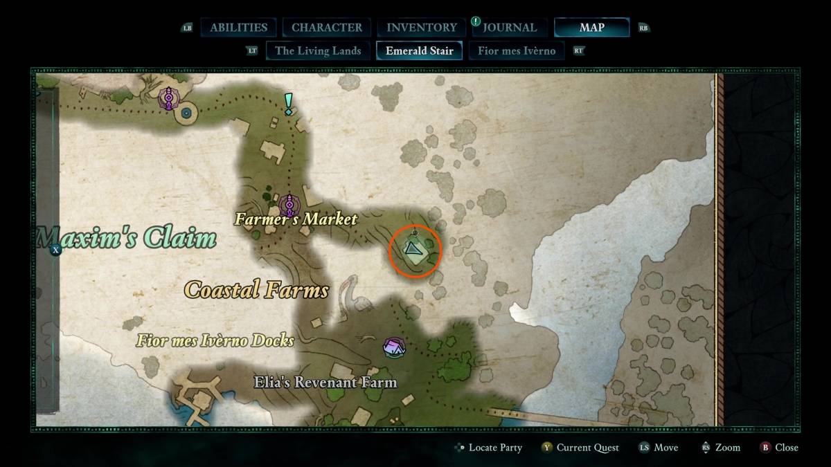 O mapa Avowed mostrando a localização circulada do Painter's Regret Treasure Map 