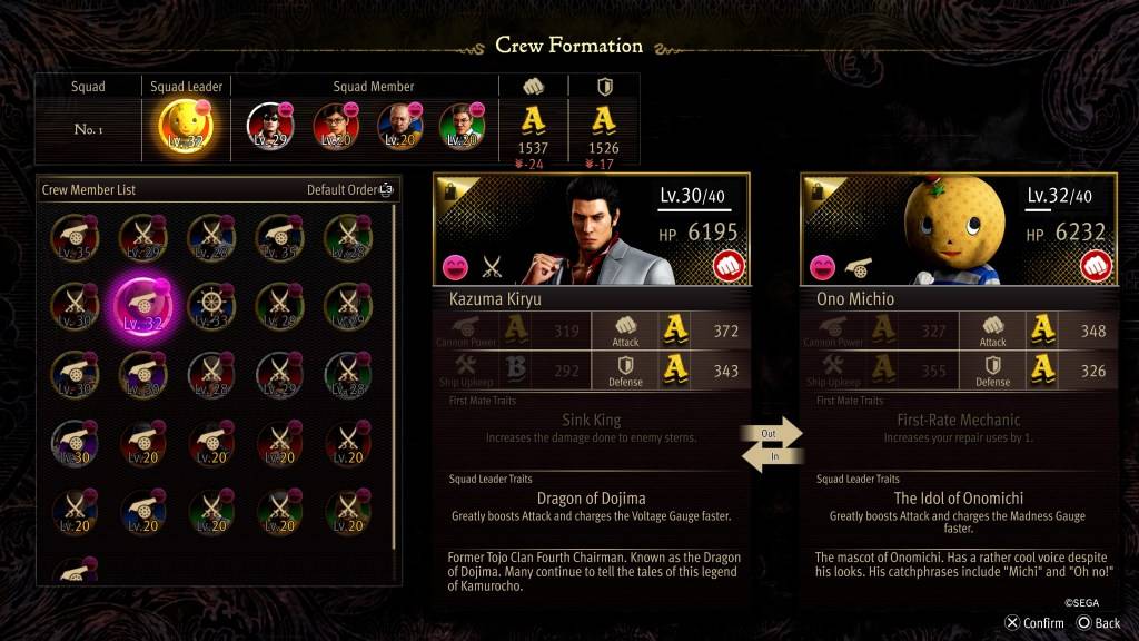 Ang stat screen ng Pormasyon ng Crew para kay Ono Michio sa Like a Dragon: Pirate Yakuza in Hawaii