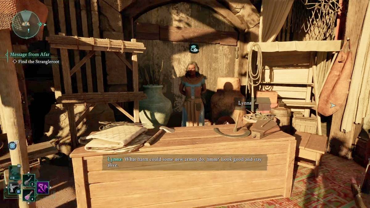 Jogabilidade comprovada mostrando a localização do mapa do tesouro da peça de código Felino Intimidante, indo para a comerciante Lyanna em Claviger's Landing