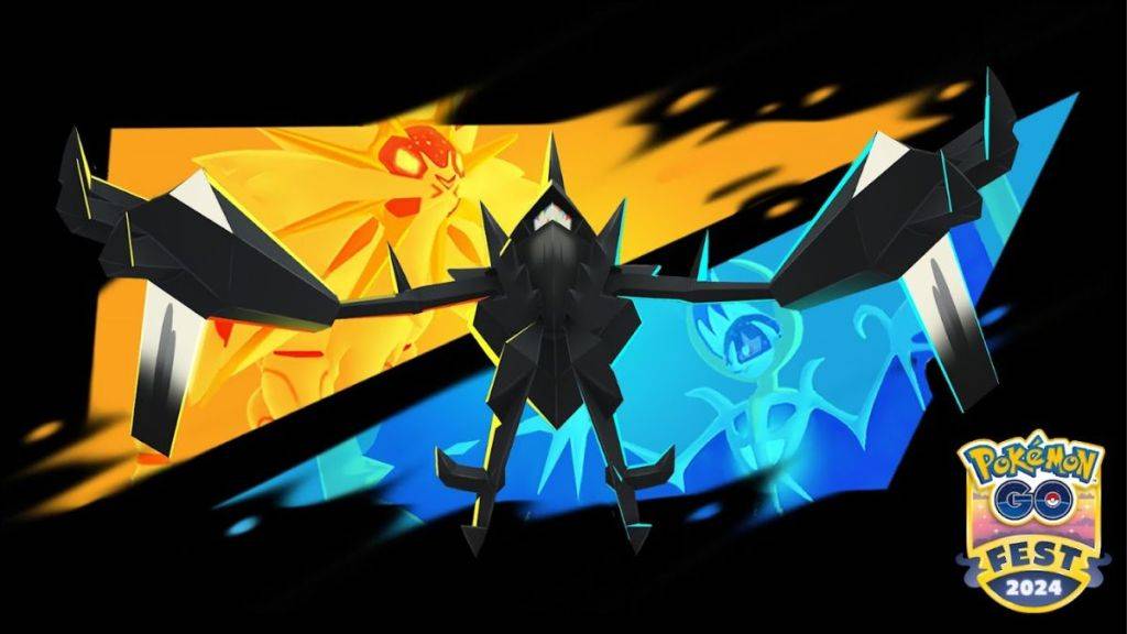 Imagem Pokémon Go mostrando Necrozma, com Necrozma Dusk Mane e Dawn Wings ao fundo
